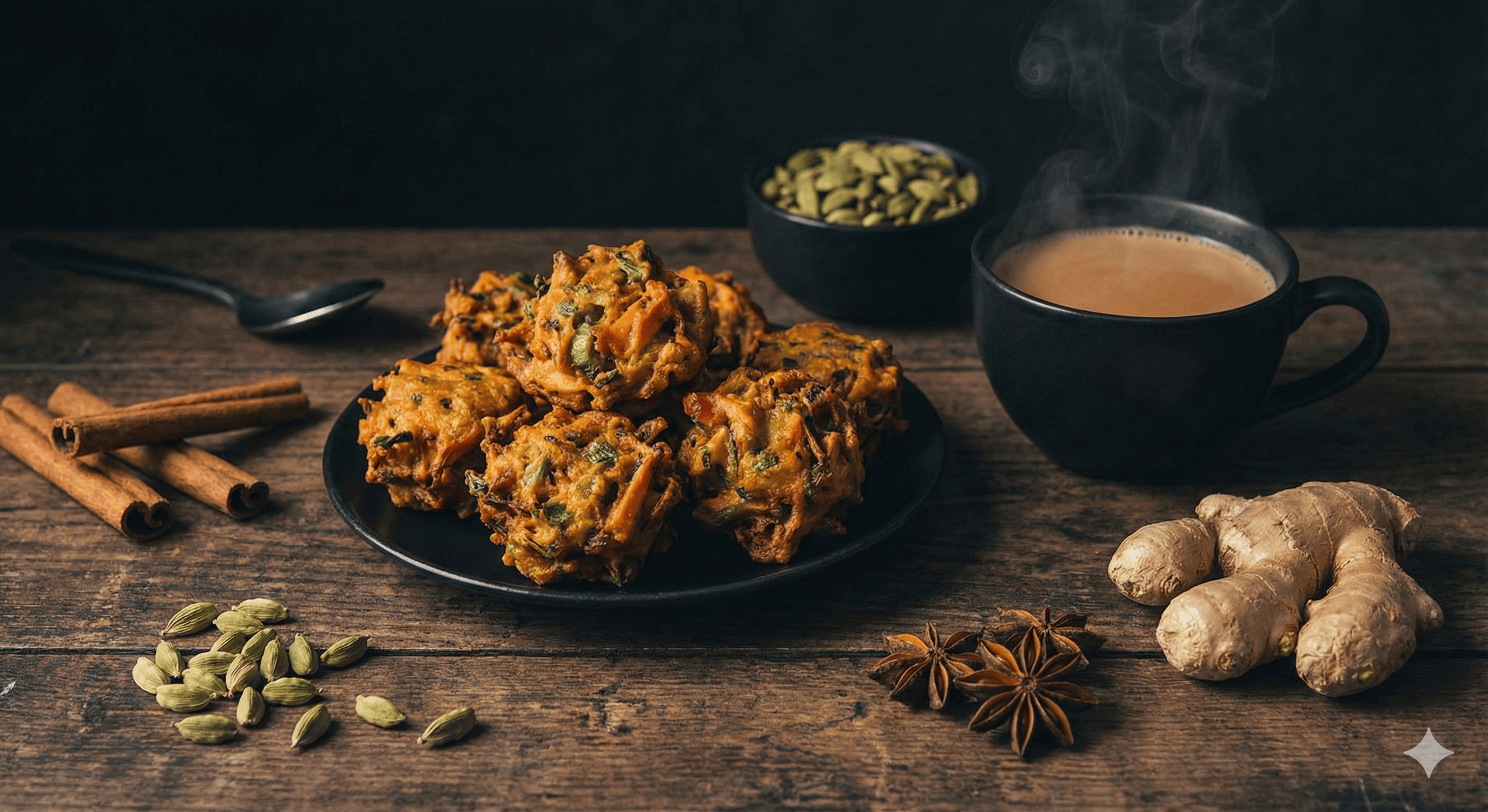 Dark aesthetic Pakodas and Masala Chai with spices